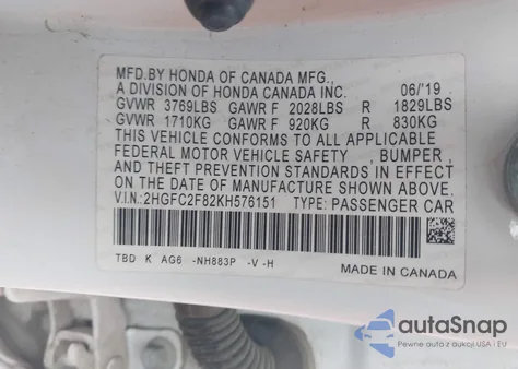 2019 Honda Civic Sport from USA, damaged, VIN 2HGFC2F82KH576151